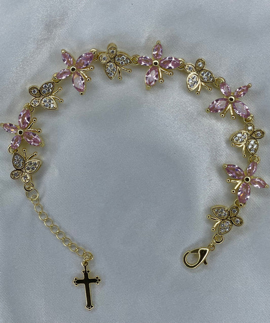 Pink Butterfly & Cross Bracelet